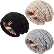 3 Pack Satin Lined Beanie for Women, Warm Slouchy Winter Hats with Silk Lined, F
