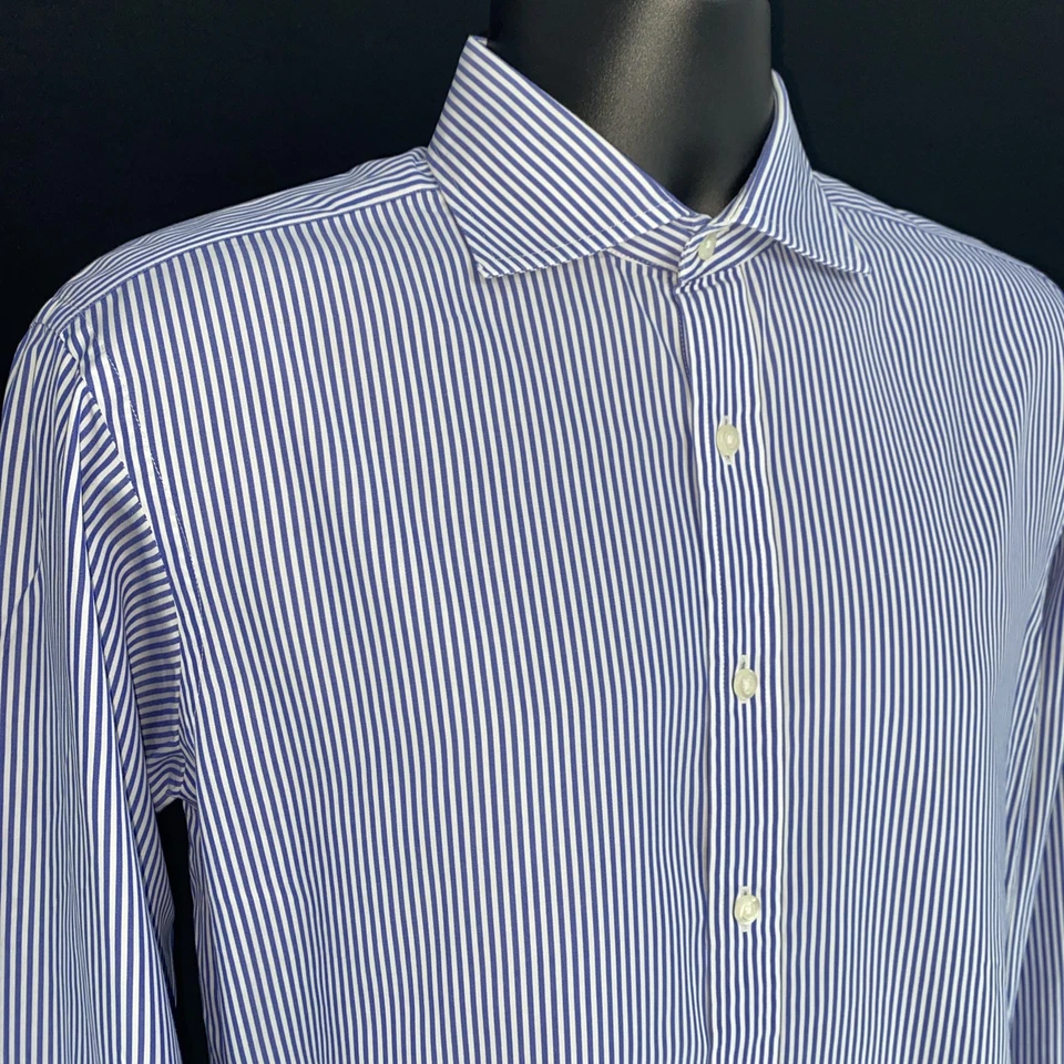 T.M. Camisa de vestir Lewin 2 pliegues de algodón blanco azul a rayas calce ajustado 15,5 34,5 Foto 3 de 4