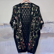 MESH + LACE Open Wrap Cardigan Floral Embroidered Size XL Boho Black Multicolor