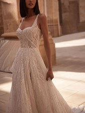 Exquisite Wedding Dress with Sparkling Pearls A-line Skirt Lace Bridal Gown