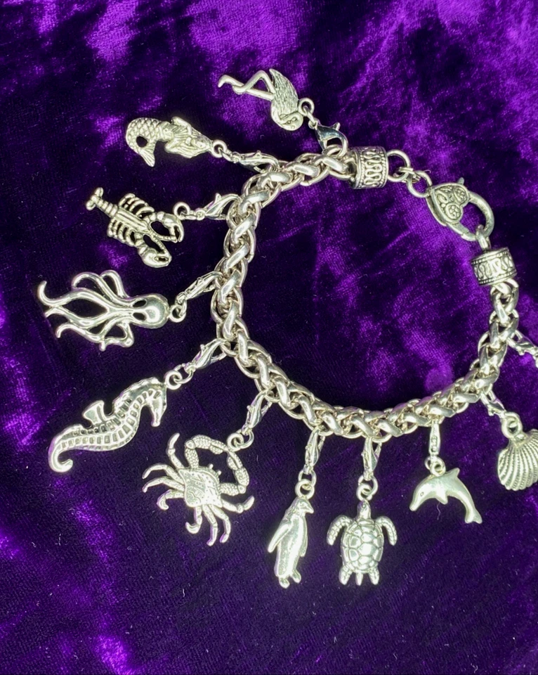 Pulsera Temática Océano Plata Peltre Intercambiables Dijes 8" Tortuga Marina Foto 2 de 4