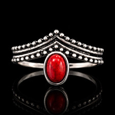 Silver Tone Oval Red Turquoise Stone Bezel Se...