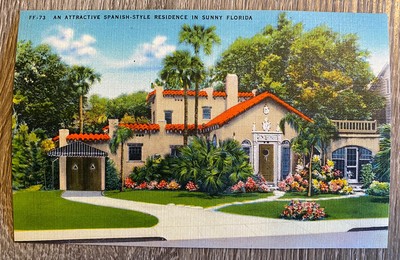 Vintage Florida Linen Postcard An Attractive Spanish-Style Residence Sunny