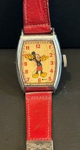 Vintage Mickey Mouse Watch Rectangle Face w/original Red Band - PARTS ONLY AS IS