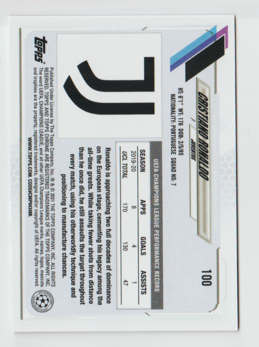 2020-21 Topps Chrome UEFA Cristiano Ronaldo Pink Wave Refractor #100 Juventus view 2