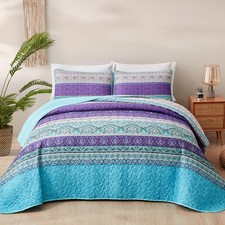 Bohemian Quilt Set King,Purple Teal Boho Quilt Coverlet 3PCs Soft Microfiber ...