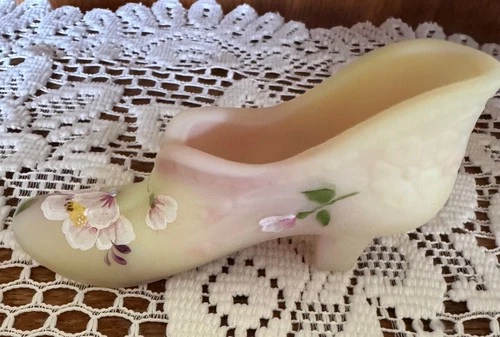 Fenton Burmese Shoe Slipper Handpainted Floral Glows