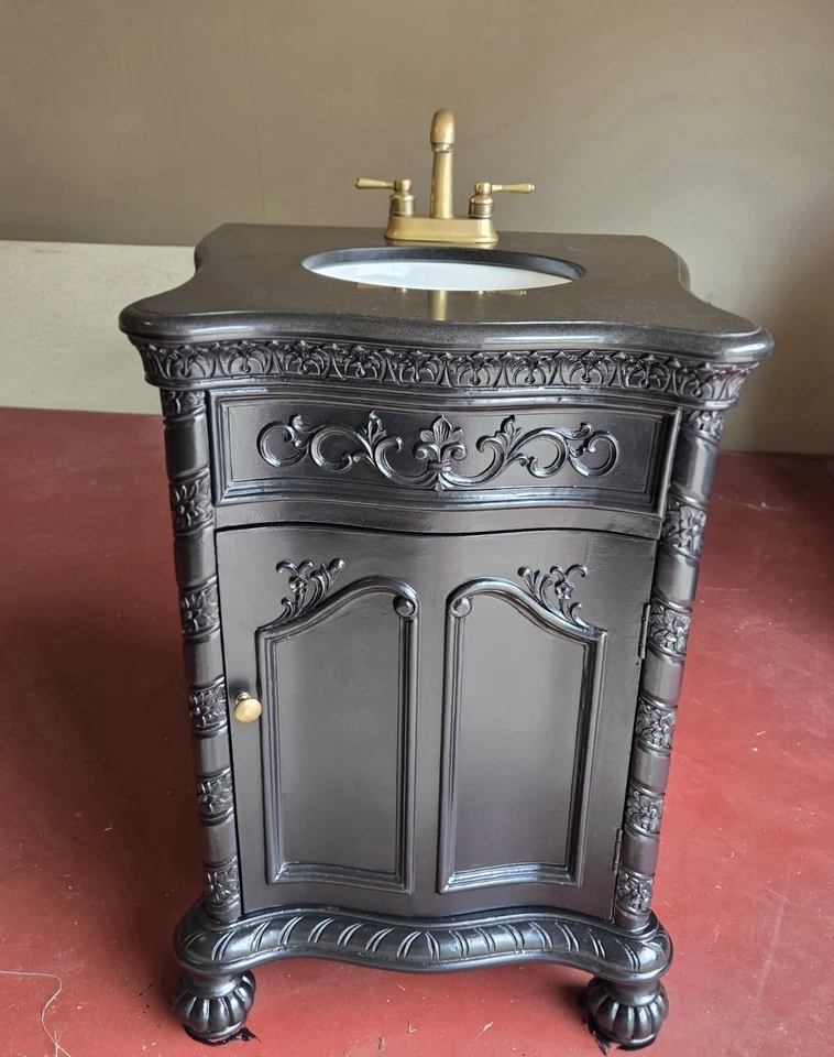 Top de granito renovado de colección original Mueble lavabo tocador de baño con grifo de latón negro Foto 2 de 4