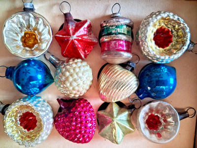 Lot Vtg Glass INDENT HEART BUMPY DROP STAR Feather Tree Xmas Ornament Antique