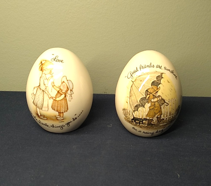 2 Vintage Holly Hobbie Eggs "Good Friends are Sunshine..." Love is the" 2 3/4" H