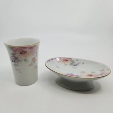 Otagiri Cup Soap Dish Bathroom Set Floral Mist White Ceramic Signed Japan