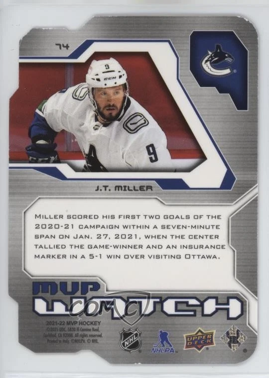 2021-22 Upper Deck MVP Colors and Contours Purple /3 JT Miller #74 - Image 2 of 2