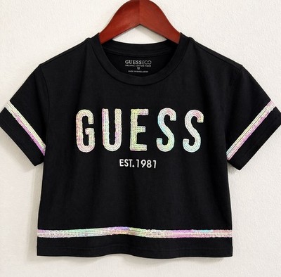 Guess Girls Crop Tee Size 12 Black Sequin Logo Y2K Organic Cotton