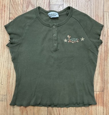 VTG Babydoll Y2K Los Angeles Express Baby Tee XS Kidcore USA Made Green Turtle