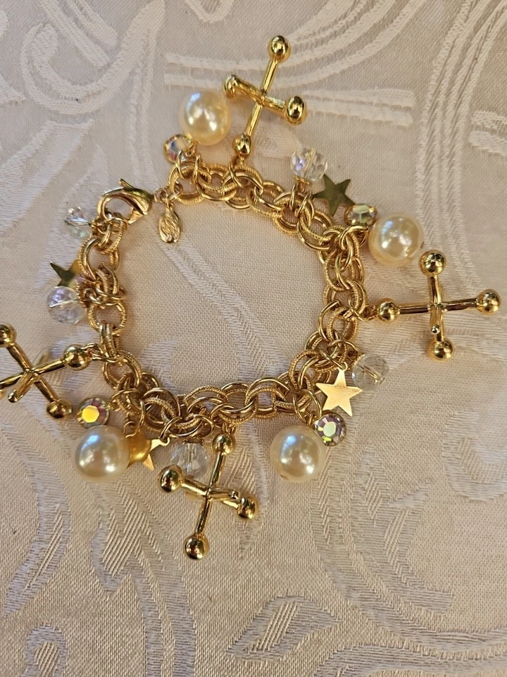 Kirks Folly "JACKS" Crystal Stars & Pearls Gold Tone JAX Vintage Charm Bracelet - Image 4 of 4