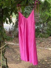 Victoria's Secret Hot Pink Satin Slip Dress Tie Shoulder Chemise Nightgown