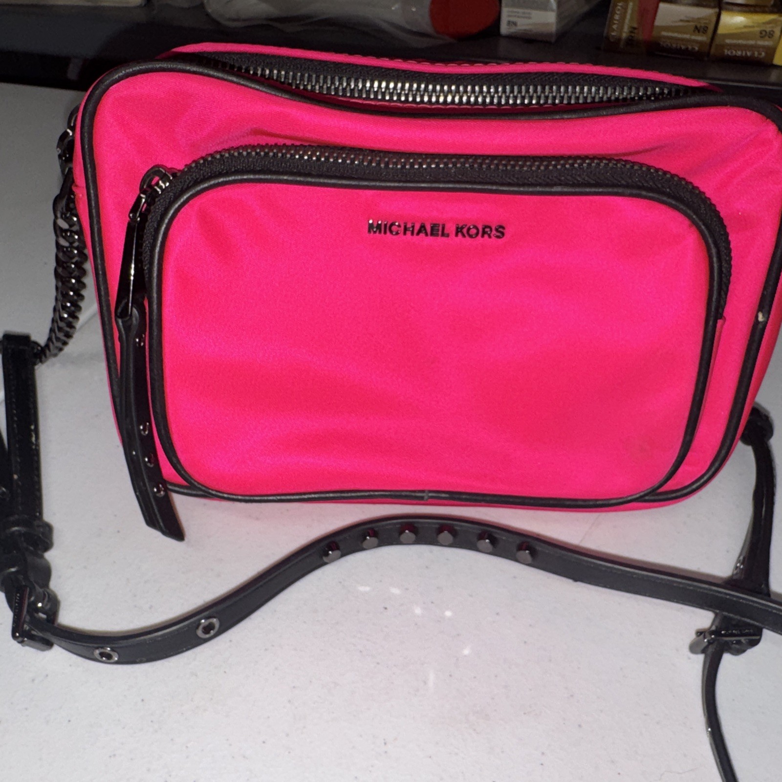 Michael Kors Double Zip Crossbody Bag Hot Pink Small Women&rsquo;s Purse Excellent