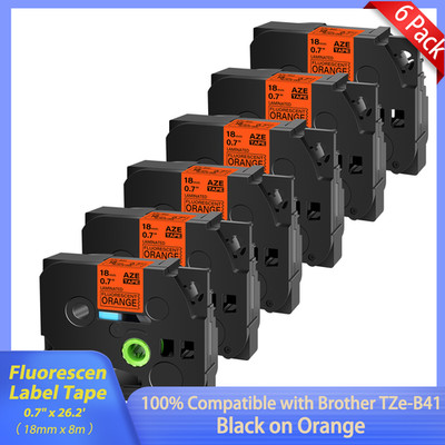 6x TZe-B41 Black on Fluorescent Orange 3/4'' Tapes Compatible For Brother PT1300