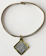 VTG Jeep Collins Brass & Sterling Silver Diamond Shaped Etched Pendant Necklace