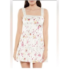 Forever 21 Floral Satin Mini Dress White Pink Yellow Ruffle Smocked Strap Small