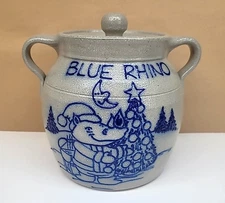 '02 Salmon Falls Pottery Darris McFarland Blue Rhino Christmas 2 Handle Bean Pot
