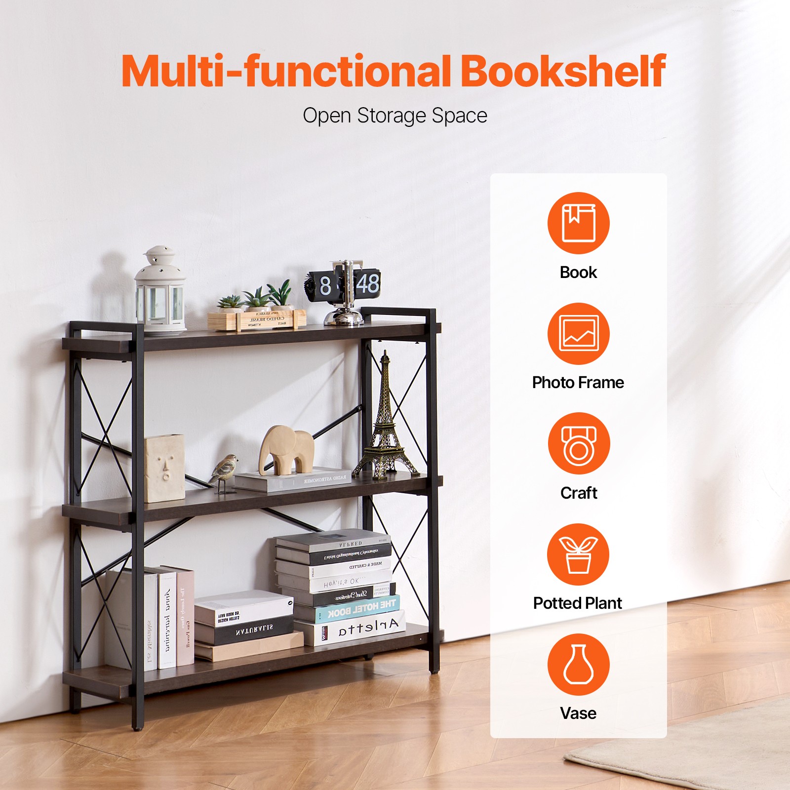 Uimoso Metal Bookshelf Rustic Bookshelf 3-Tier for Living room Bedroom & Office