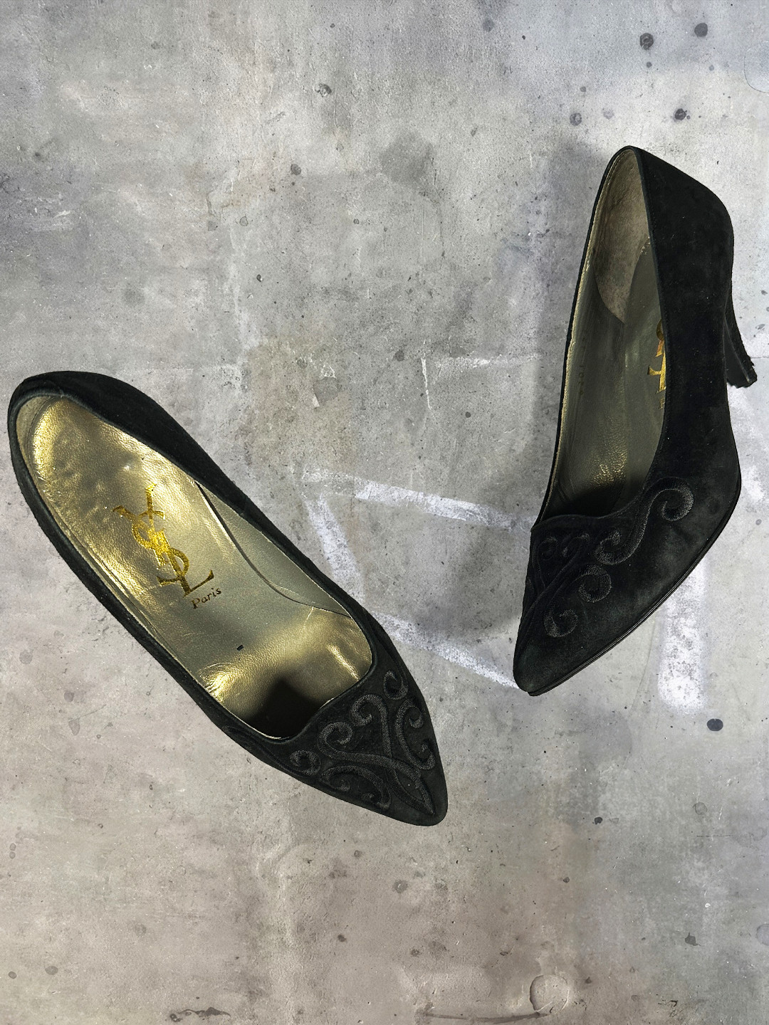 Vintage YSL Yves Saint Laurent Black Velvet Embroidered Pointed  Heels  2.5UK