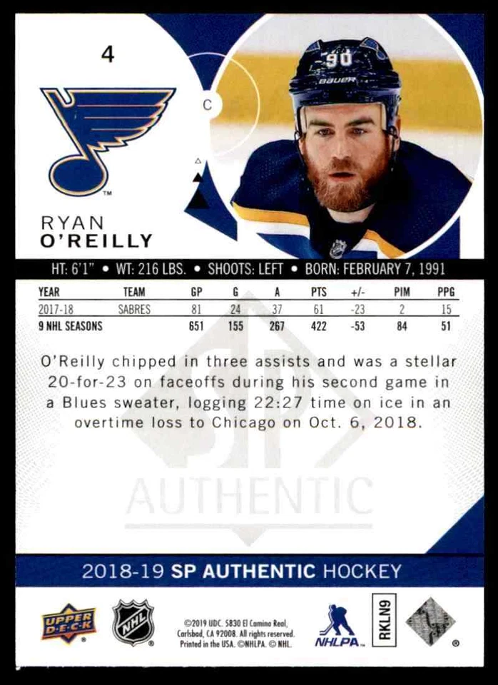 2018-19 SP Authentic Ryan O'Reilly #4 - Image 2 of 2