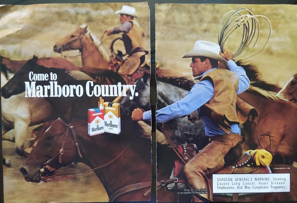 Marlboro & Marlboro 100's Vintage 2Page 1986 Print Ad Cowboy Round Up