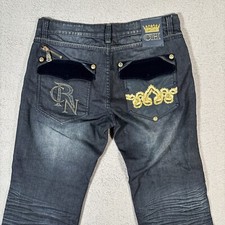 Crown Holder Jeans Men Size 36 Fit 36x33 Wide Leg Hip Hop Y2K Embellished Velvet