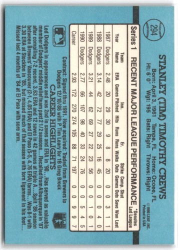 Tim Crews 1991 Donruss #294a - K9185 - Picture 2 of 2