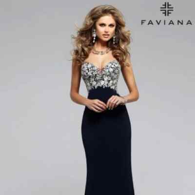 FAVIANA Glamour Size 0 Dress Navy Blue/Gold Embellished Strapless Formal  Gown | eBay