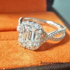 2CT Emerald Lab-Created Diamond Twisted Halo Wedding Ring 14K White Gold Finish