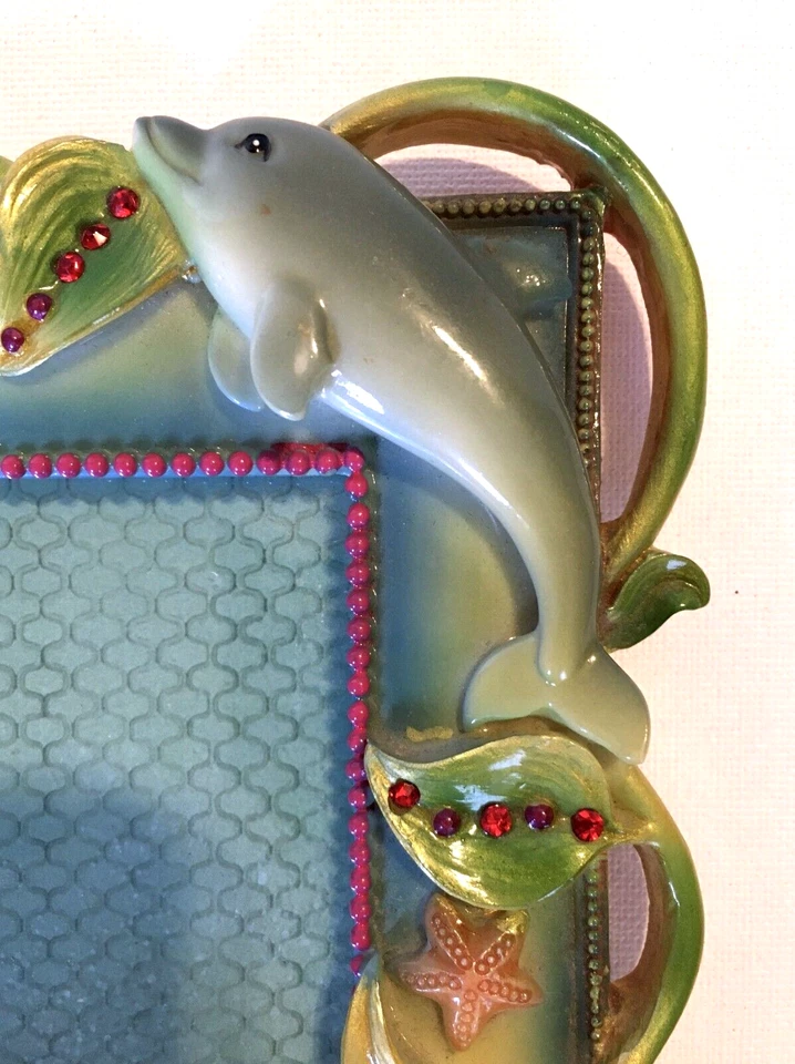 Marco de fotos delfines océano Gulfarium 4x6" peces conchas marinas cristales 3D ¡DEFECTO! Foto 4 de 4