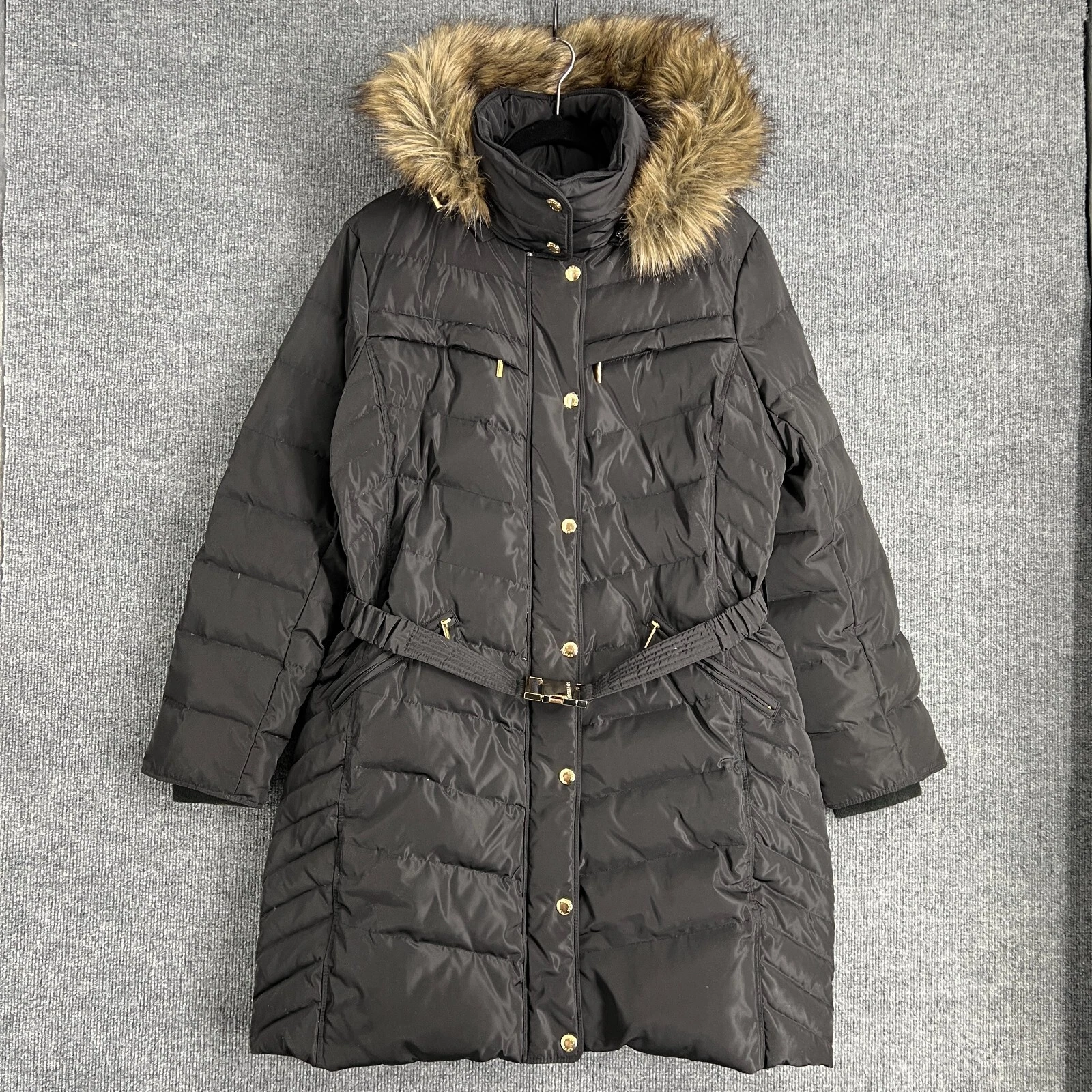 Cappotto parka piumino donna Michael Kors taglia grande nero pelliccia sintetica cappuccio cintura
