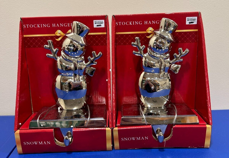 NIB Bed Bath Beyond Snowman Silver Stocking Hanger Christmas Lot of 2