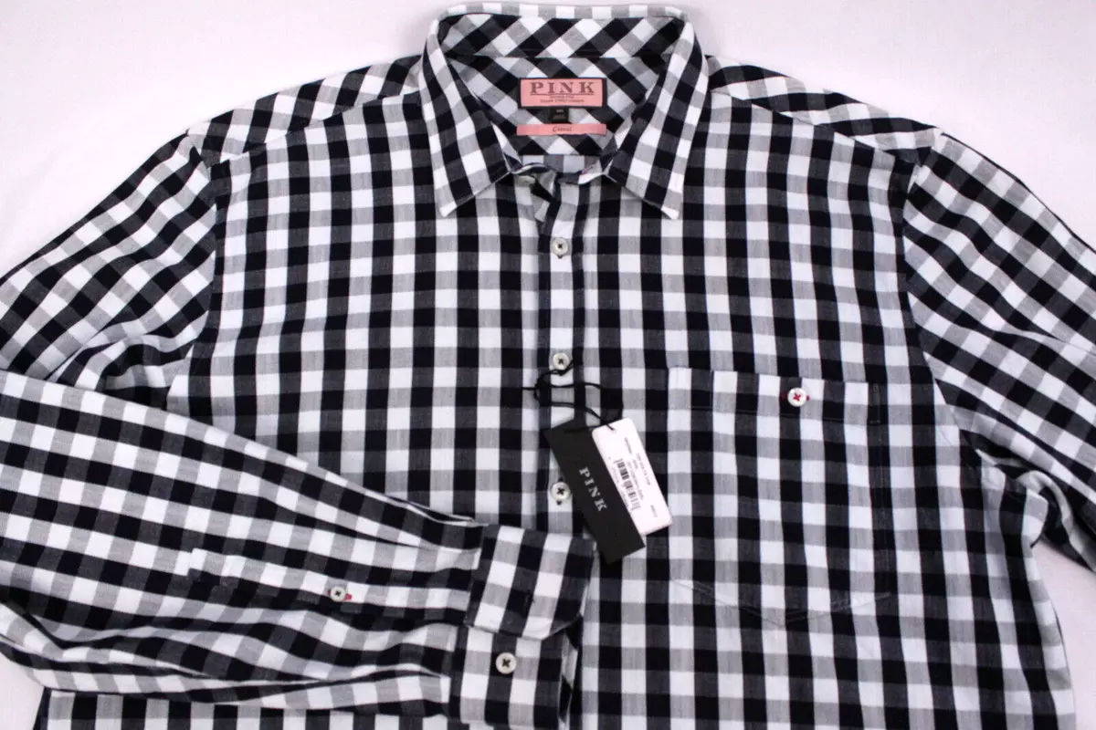 NWT Thomas Pink Casual Dress Shirt Navy Light Blue Gingham