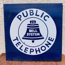 1940s Bell System Public Telephone Sign 18'' Enamel Double Sided Flange Vintage