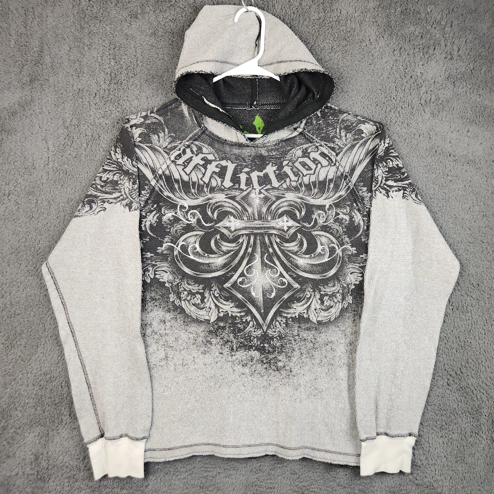 Y2K Affliction Thermal Knit Hoodie Reversible Pullover Mens Large Grunge Pinkman