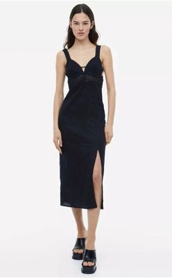 H&M Natural Linen Black Embroidered Eyelet Strappy Midi Dress L Beachy Resort