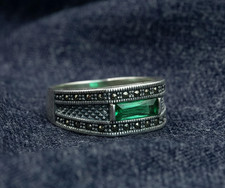 925 Silver Men Handmade Green Emerald Stone Vintage Ring