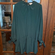 Mud Pie Forest Green Long Sleeve Tie Cuff Drop Waist Shift Dress Small
