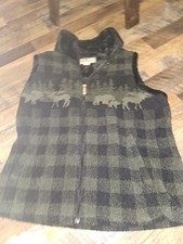 Woolrich buffalo plaid fleece vest featuring a black and green pattern