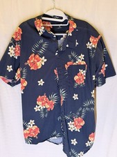 Men's Navy Floral Hawaiian Short Sleeve Button-Up Shirt Red White Green Casual
