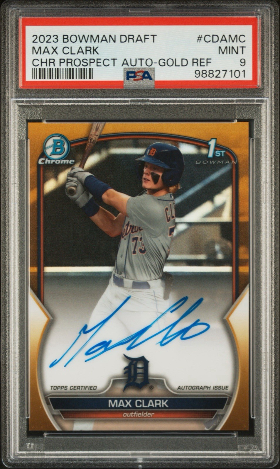 Max Clark 2023 Bowman Chrome Draft Gold Refractor 1st RC Auto /50 PSA 9