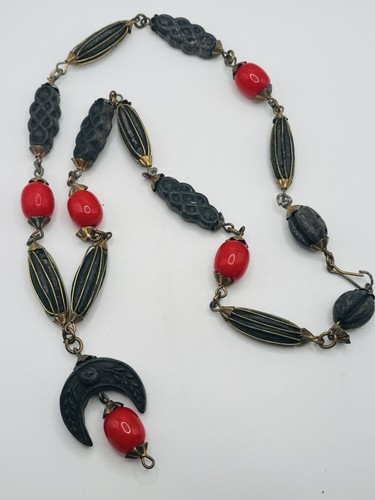 1930s Egypt Tunisia Red Bakelite Scented Press Bead Skhab Moon Necklace 26”flat