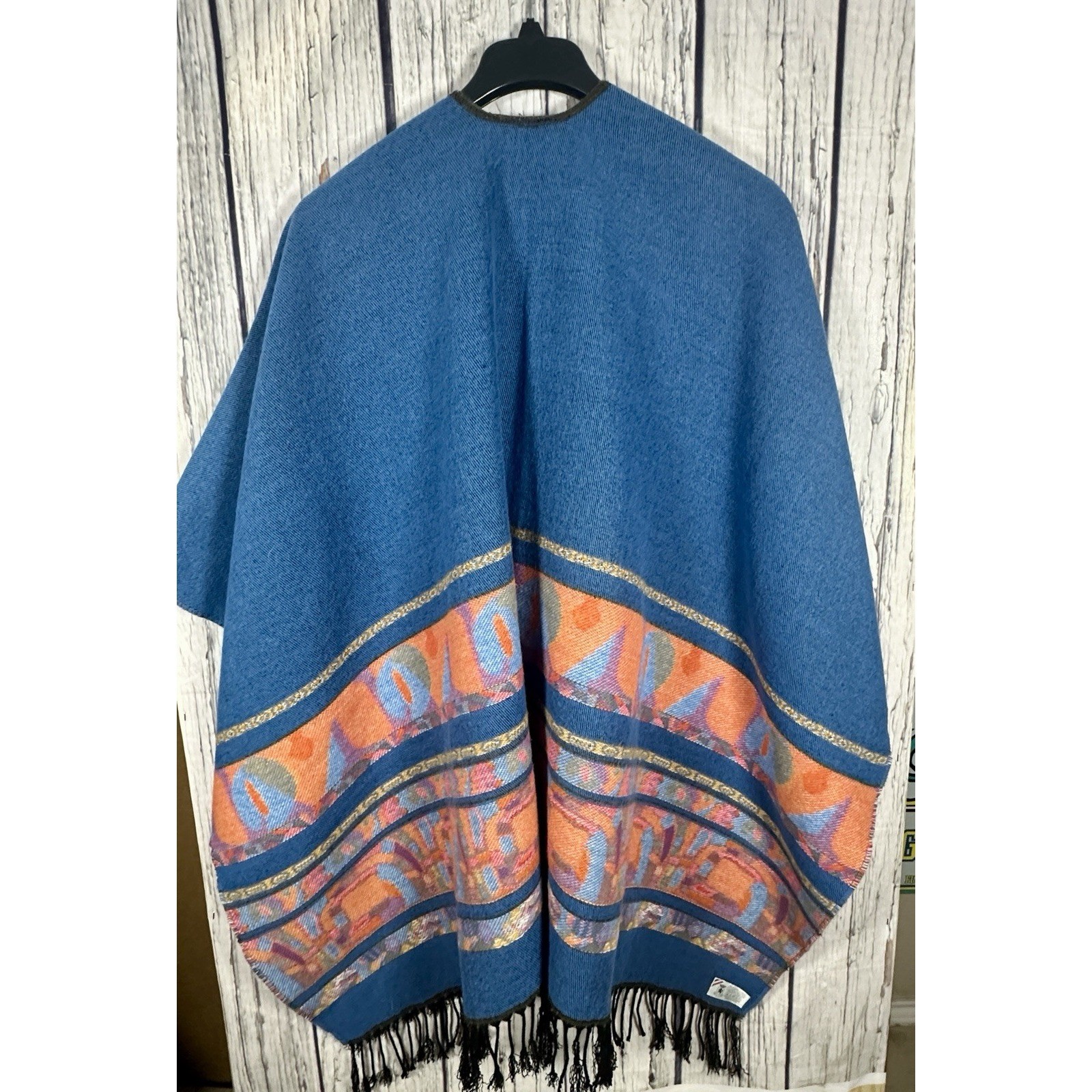 Reversible Woven Tassel Wrap Soft Cloak Cape Shawl Ponch One Size Made in France image 2