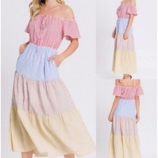 Urban Outfitters Seersucker Color Blocked Midi Dress Cottagecore Size XS