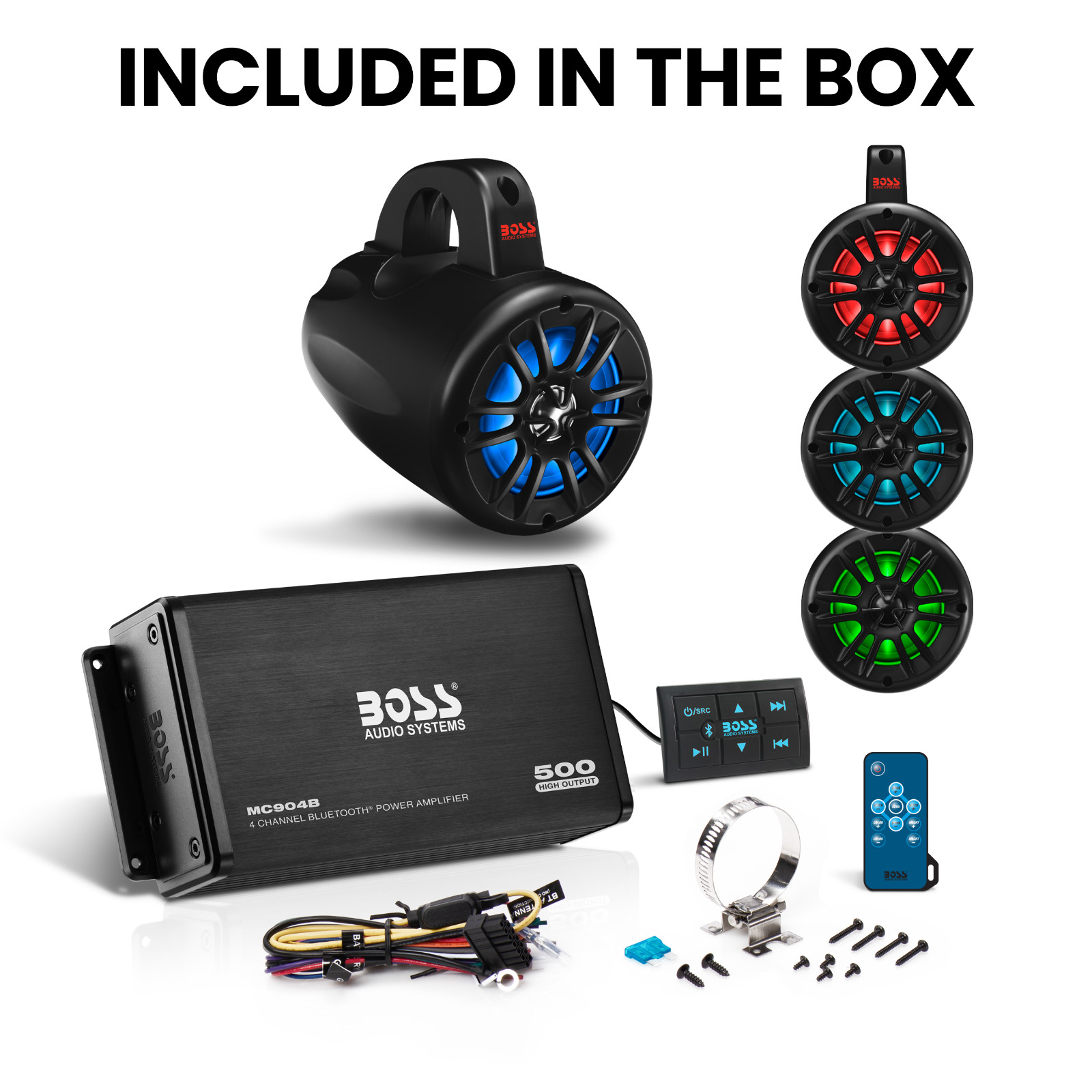BOSS Audio Systems UNI4RGB ATV Boat 4&rdquo; Wake Towers And 4 Ch Bluetooth Amplifier