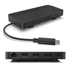 USB-C Dual Display Travel Dock - 7 Ports, Integrated Cable, Universal USB Dock
